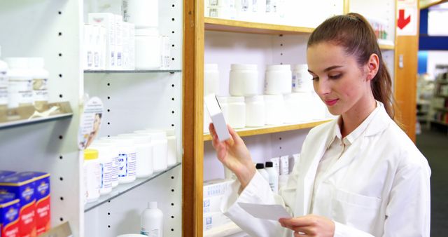 Female pharmacist checking a prescription behind a pharmacy counter lined with medicine bottles. Ideal for campaigns about healthcare professionals, medical services, and pharmacies. Can be used for promotional material related to medication dispensing, pharmacy practice, and healthcare consultations.