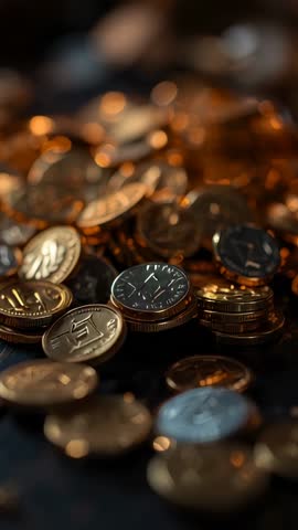 Vertical video panning and focus-pulling over stacked metallic coins with shimmering bokeh