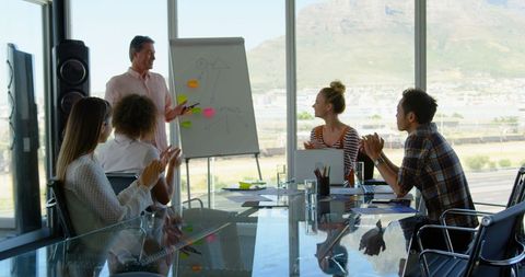 group of diverse business executives clapping after a lively presentation in a modern office conference room. large windows showcase a scenic city view, lending inspiration and energy to the meeting. ideal for visuals related to teamwork, business successes, corporate culture, diverse teams, and inspiring office environments.