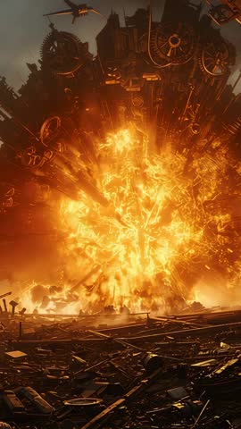 Vertical scrap yard explosion igniting industrial wreckage and scattering fiery embers