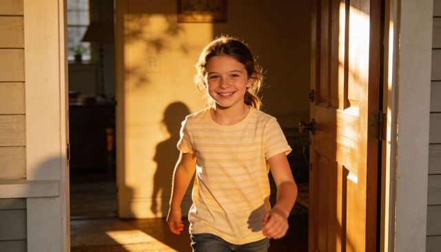 Smiling girl stepping through sunlit wooden doorway during golden hour