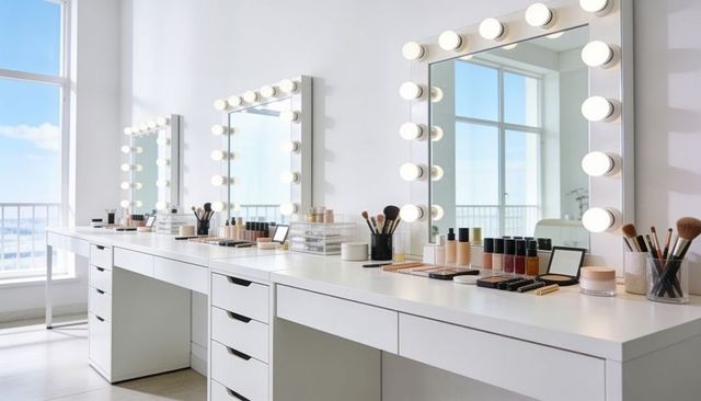 Spacious white makeup vanity with hollywood lighting, professional brushes and palettes