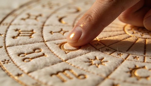 Pressing fingertip on quilted zodiac wheel with gold thread embroidery, tactile ritual