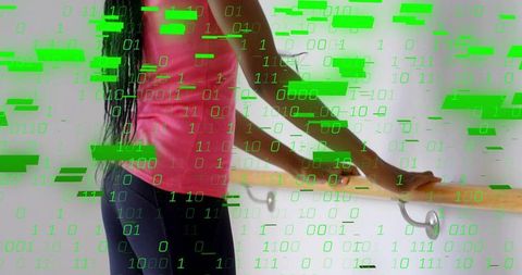 Contemporary barre workout with braided woman holding barre and green digital overlay