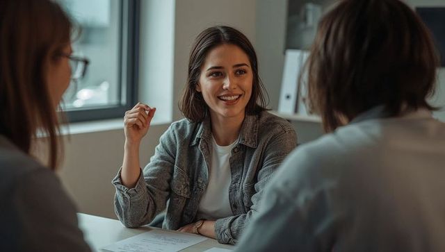 Young professional smiling and gesturing during collaborative meeting at modern office desk
