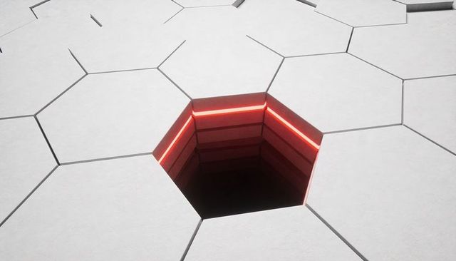 Revealing recessed hexagonal void with red LED rim on matte white geometric tile plane