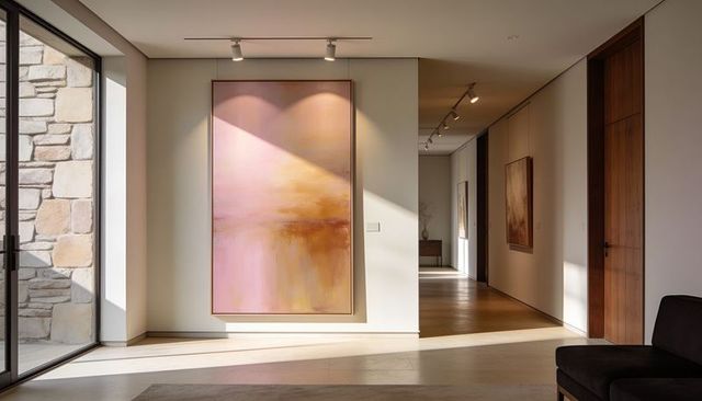 Modern minimalist entry showcasing large abstract canvas lit by spotlights and sunbeam