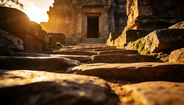 Low-angle stone steps leading toward ancient temple entrance at sunrise, mossy ruins