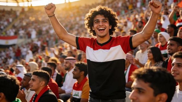 Young middle eastern soccer fan cheering, raising arms, wearing national jersey in stadium