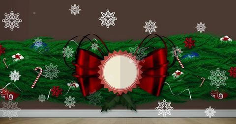 Festive Holiday Garland with Red Ribbon and Snowflakes