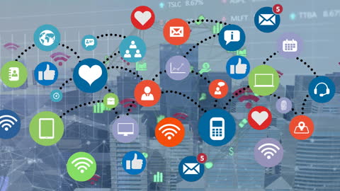 Colorful Digital Network Icons Over Cityscape