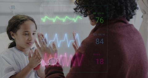 Mother Comforting Daughter in Hospital with Health Data Overlay