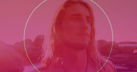 Colorful Abstract Layers Over Man Walking Beside Sea