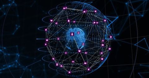 Futuristic digital globe connecting network nodes with neon blue pointcloud and magenta icons
