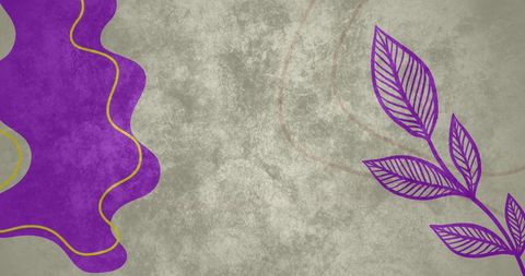 Purple leaves and organic shapes on textured gray background