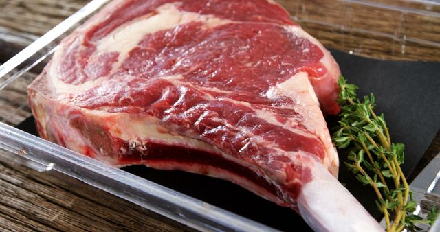 A raw, thick-cut steak with a bone in is displayed on a wooden surface, accompanied by fresh herbs, ready for cooking. Its marbling suggests a high-quality cut that promises a flavorful and tender meal once prepared.