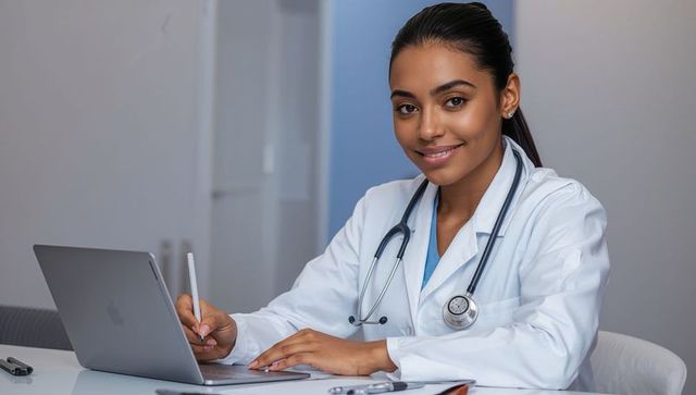 Female physician using laptop and stylus in modern clinic office smiling professional doctor