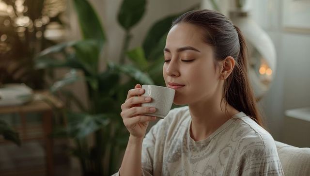 Young woman enjoying morning tea in cozy plant-filled living room with warm fireplace glow