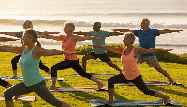 Seniors practicing yoga warrior ii on coastal lawn during sunlit morning