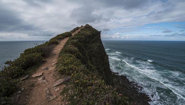 Winding coastal cliff trail overlooking turbulent ocean waves on rugged headland