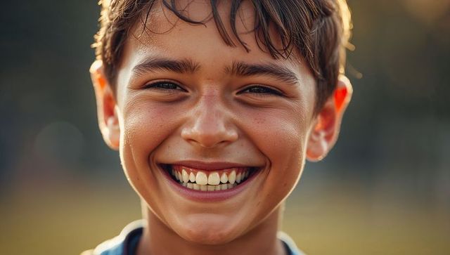 Golden-hour portrait of smiling school-age boy at sports field, backlit youth athlete