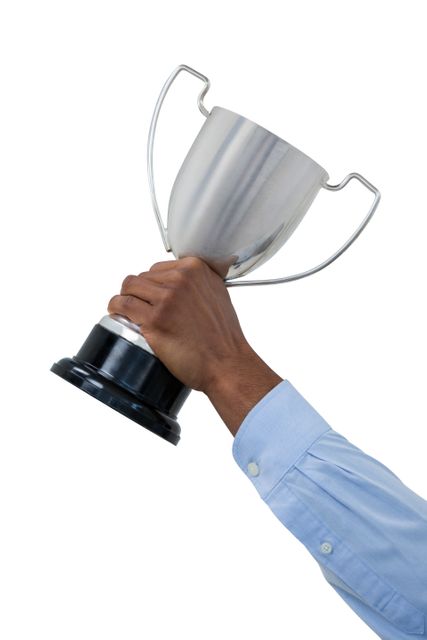 Hand of a businessman holding a trophy against a white background. Ideal for use in business success stories, achievement recognition, award ceremonies, and motivational content.