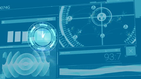 Digital Data Network and Interface Animation on Blue Background