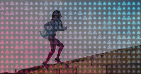 Runner climbing hill at dawn with neon triangle overlay, futuristic fitness motion