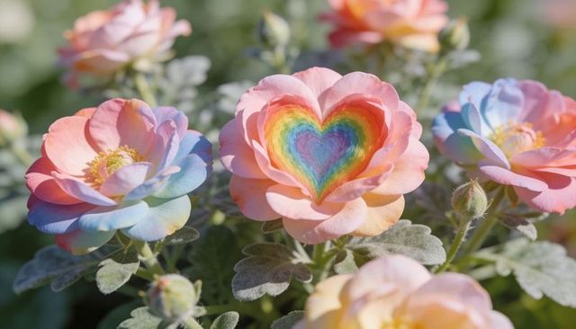 Pastel garden bloom with rainbow heart center, macro bokeh, dreamy gradient petals and soft sunlight