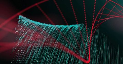 Flowing teal filament wave with red dotted helix for futuristic data flow visualization