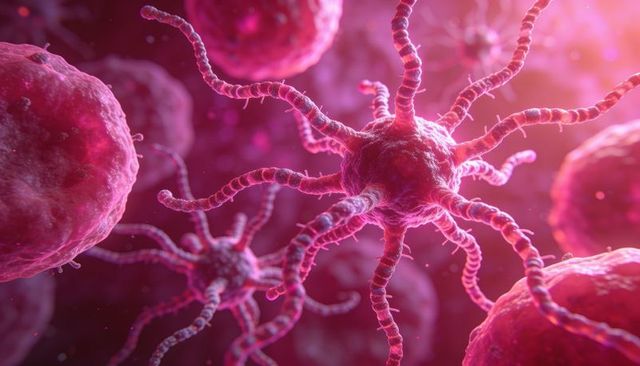 Radiating immune cell sending filamentous pseudopodia, glowing microscopic organic network