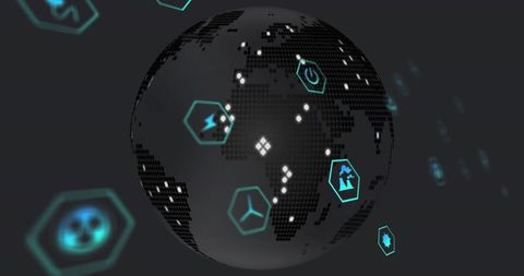 Futuristic rotating globe with tech icons and datapoints