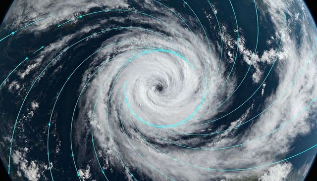 Spinning mature tropical cyclone showing tight clear eye over open ocean with cyan overlays
