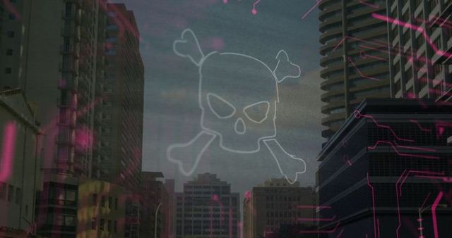 Skull and Crossbones Over Urban Cyberpunk Skyline