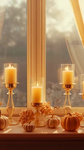Vertical autumn window vignette with glowing candles and decorative pumpkins at dusk
