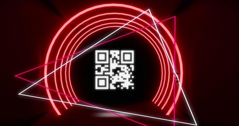 Glowing QR Code with Neon Circles and Geometric Triangles