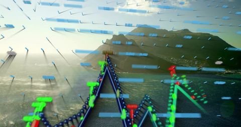 Digital Data Chart Overlay on Coastal Bay at Sunset