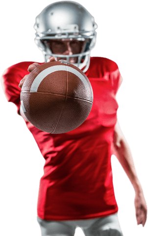 Confident american football player holding ball with transparent background