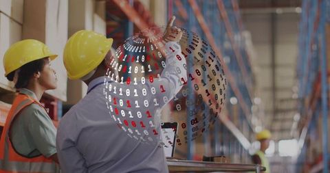 Directing warehouse team with tablet and digital binary globe for smart logistics