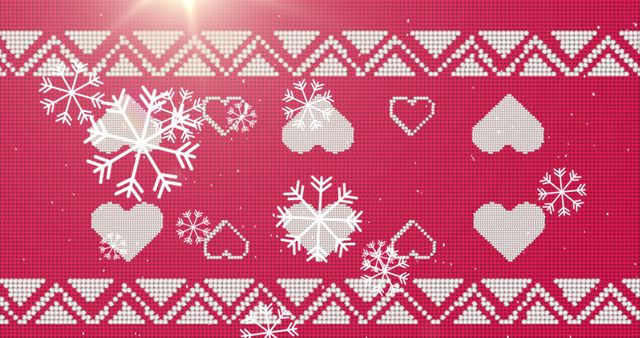 Snowflakes Falling on Traditional Christmas Hearts Pattern on Red - Download Free Stock Images Pikwizard.com