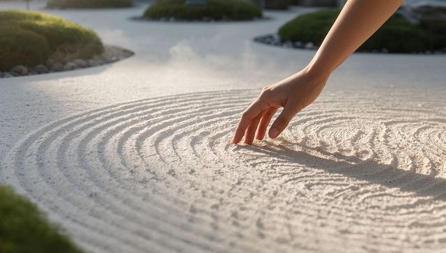 Tracing raked sand circles with gentle hand in zen garden for meditation and calm