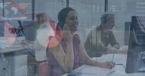 Customer support specialist smiling while taking notes with analytics dashboard overlay