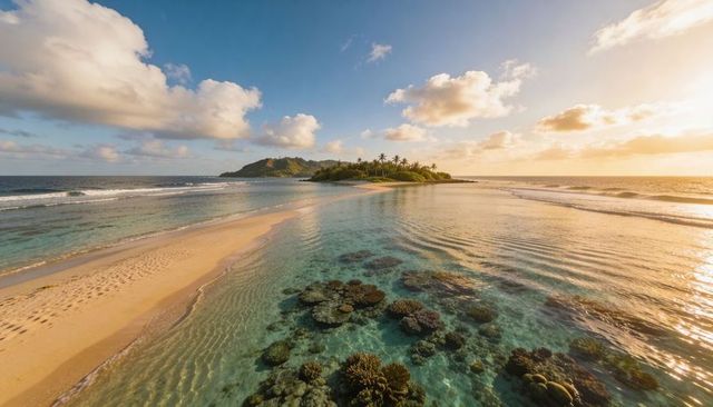 Tropical sandbar with crystal clear coral reef leading to palm tree island at sunset