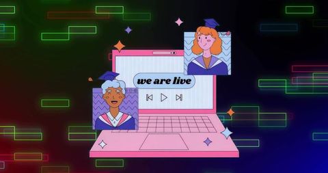 Virtual graduation livestream on pink laptop with graduates celebrating together online