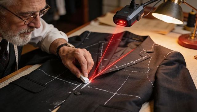Master tailor marking bespoke suit with laser-guided chalk lines for precision tailoring
