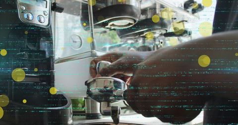 Barista Crafting Coffee with Digital Overlays Signifying Technology and Data