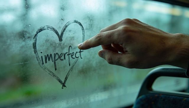 Finger tracing 'imperfect' heart on fogged bus window during rainy commute