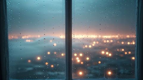 Rain-Kissed Window Overlooking Urban Lights Amid Twilight