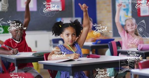 Diverse Students Engaged in Classroom with Back to School Icons