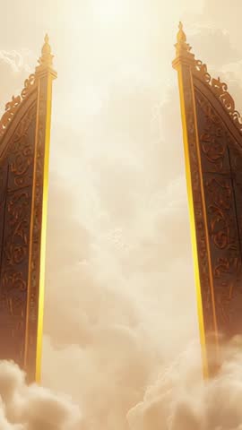 Golden Gates Opening to Heavenly Clouds, Sunlight Breaking Through, Ornate Divine Portal